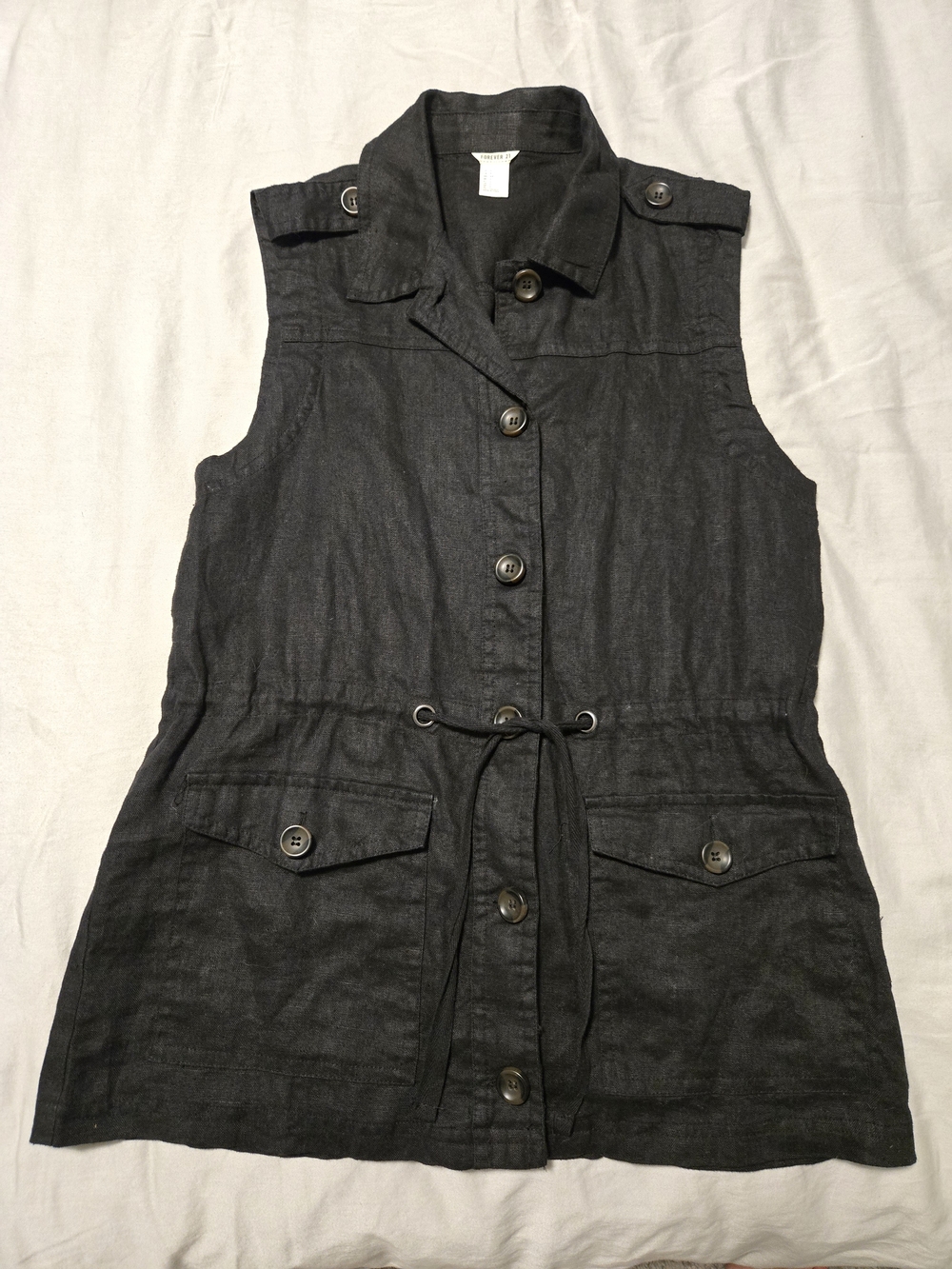 Forever 21 Black 100% Linen Sleeveless Button-Front Utility Vest S
